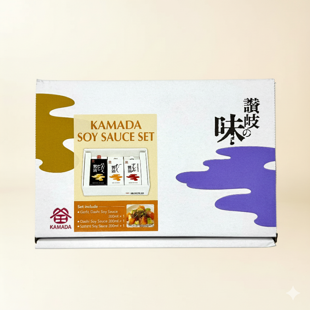 Kamada Soy Sauce Set packaging on a beige background